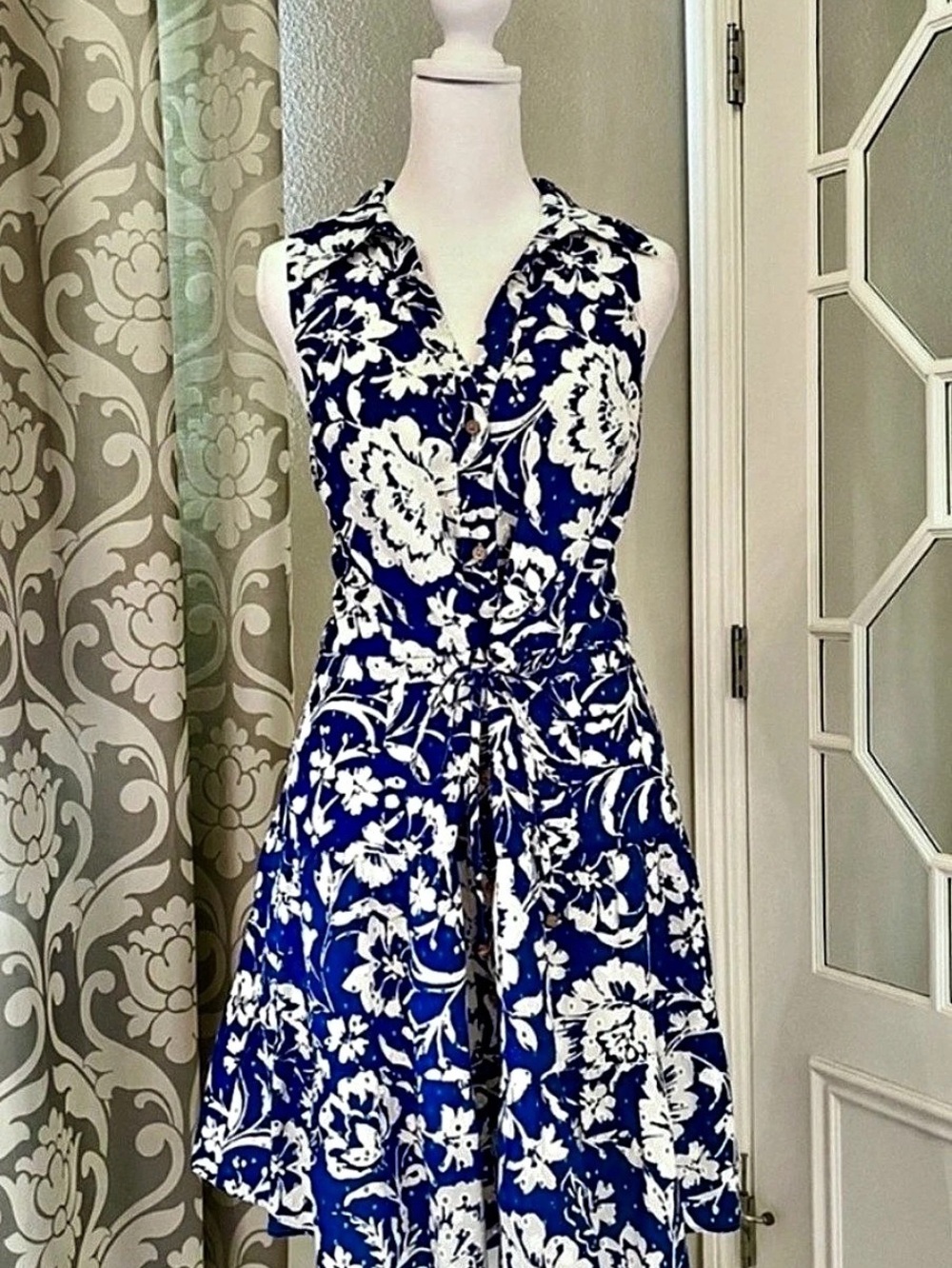 Zara Blue & White Floral Fit & Flare Lined Eyelet Dress - Size XL